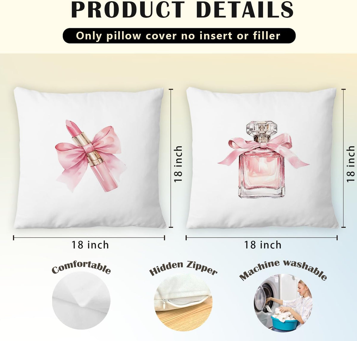 Coquette Pink Bow Lipstick Perfume Pillow Covers 18x18 Inch Set of 2, Preppy Girly Pink Throw Pillow Cases Decorative for Girls Room Bedroom Home