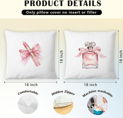 Coquette Pink Bow Lipstick Perfume Pillow Covers 18x18 Inch Set of 2, Preppy Girly Pink Throw Pillow Cases Decorative for Girls Room Bedroom Home