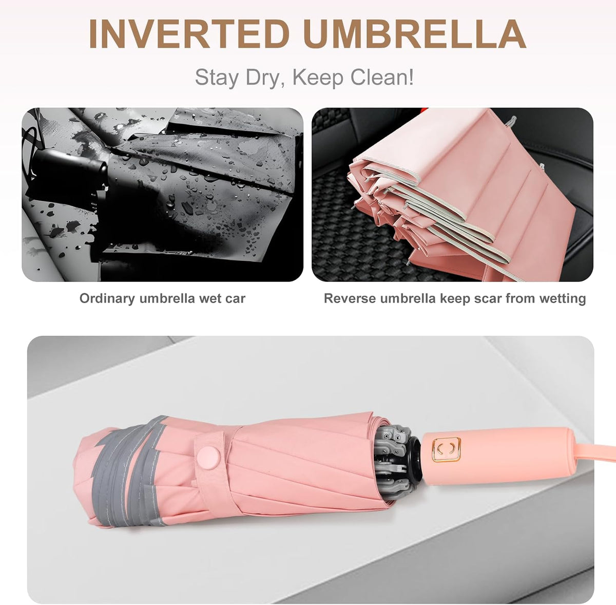 Inverted Umbrella, Reinforced Canopy with Reverse Folding, Auto Open & Close, UV Protection, Windproof, Reflective Stripe, 10 Rib Sturdy Frame, for Rain & Sun, Deisgned for Car, Portable for Travel