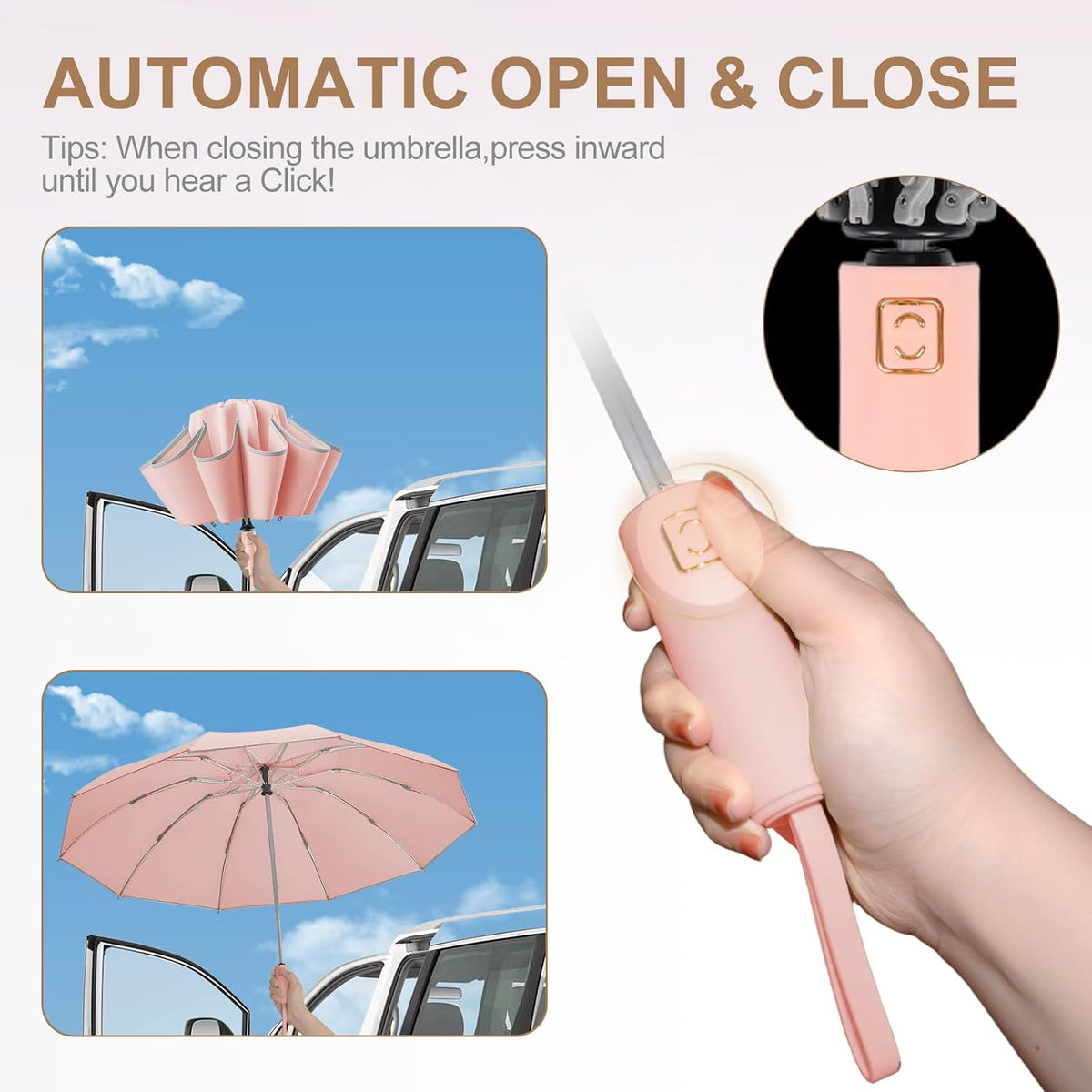 Inverted Umbrella, Reinforced Canopy with Reverse Folding, Auto Open & Close, UV Protection, Windproof, Reflective Stripe, 10 Rib Sturdy Frame, for Rain & Sun, Deisgned for Car, Portable for Travel