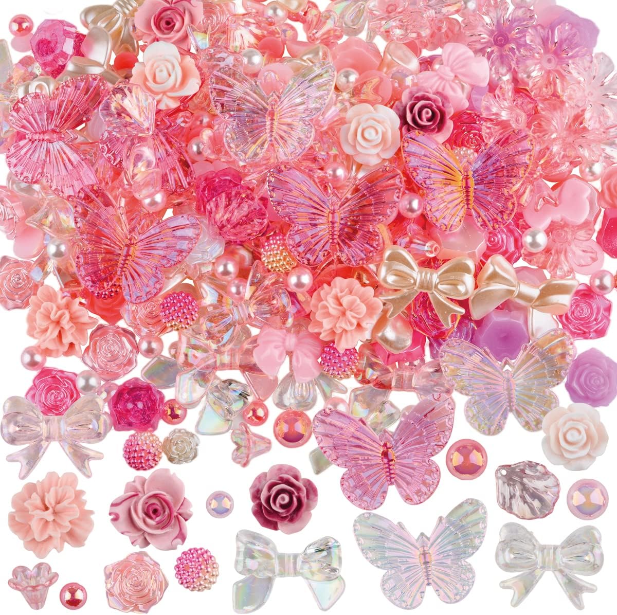 350 Pieces 3D Resin ABS Colorful Rose Flower Bows Butterfly Charms with Flatback Half Round Pearl Beads for Bracelet Earring Necklace Craft DIY Making Supplies