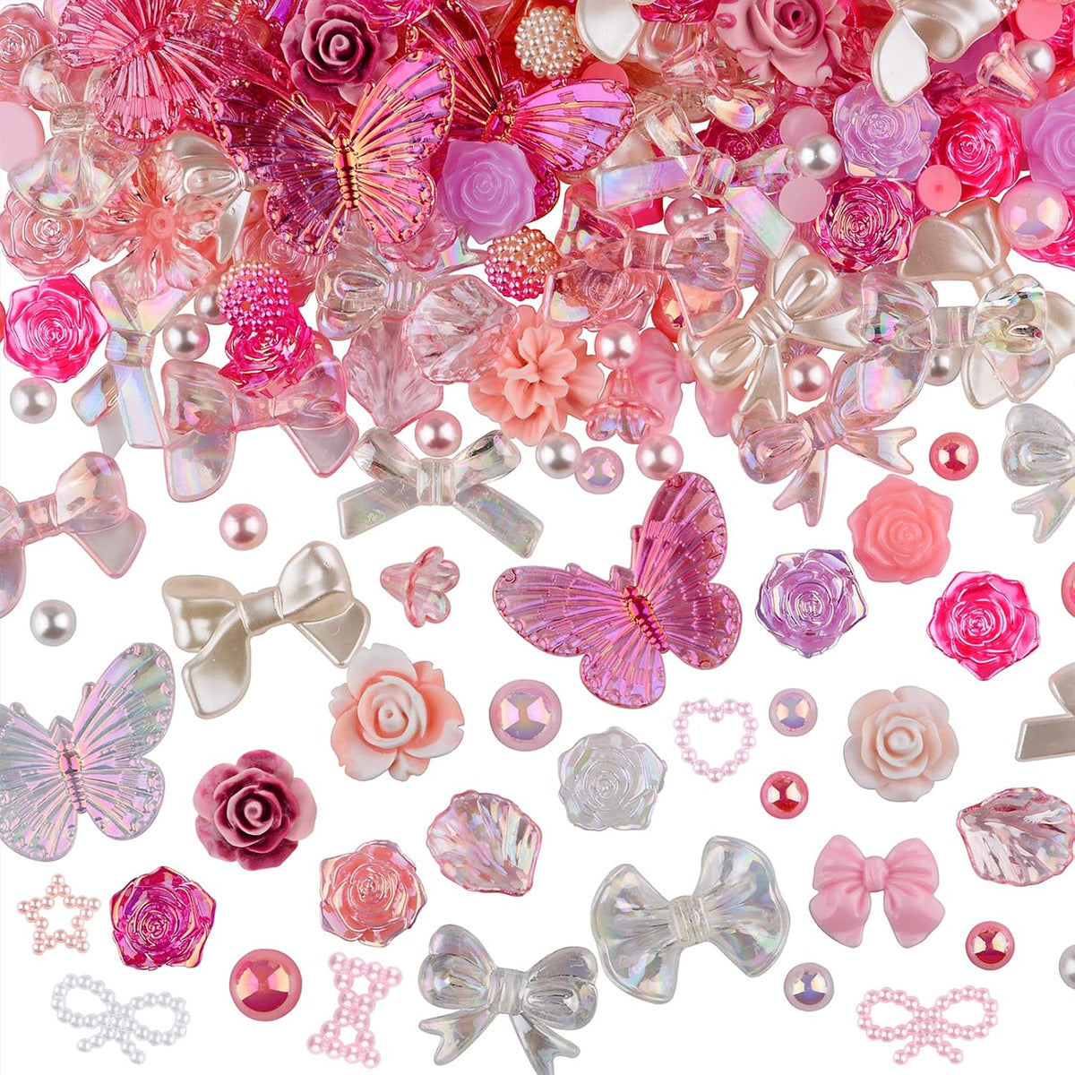 350 Pieces 3D Resin ABS Colorful Rose Flower Bows Butterfly Charms with Flatback Half Round Pearl Beads for Bracelet Earring Necklace Craft DIY Making Supplies
