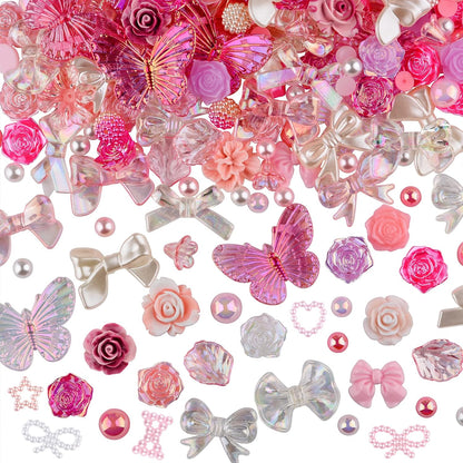 350 Pieces 3D Resin ABS Colorful Rose Flower Bows Butterfly Charms with Flatback Half Round Pearl Beads for Bracelet Earring Necklace Craft DIY Making Supplies