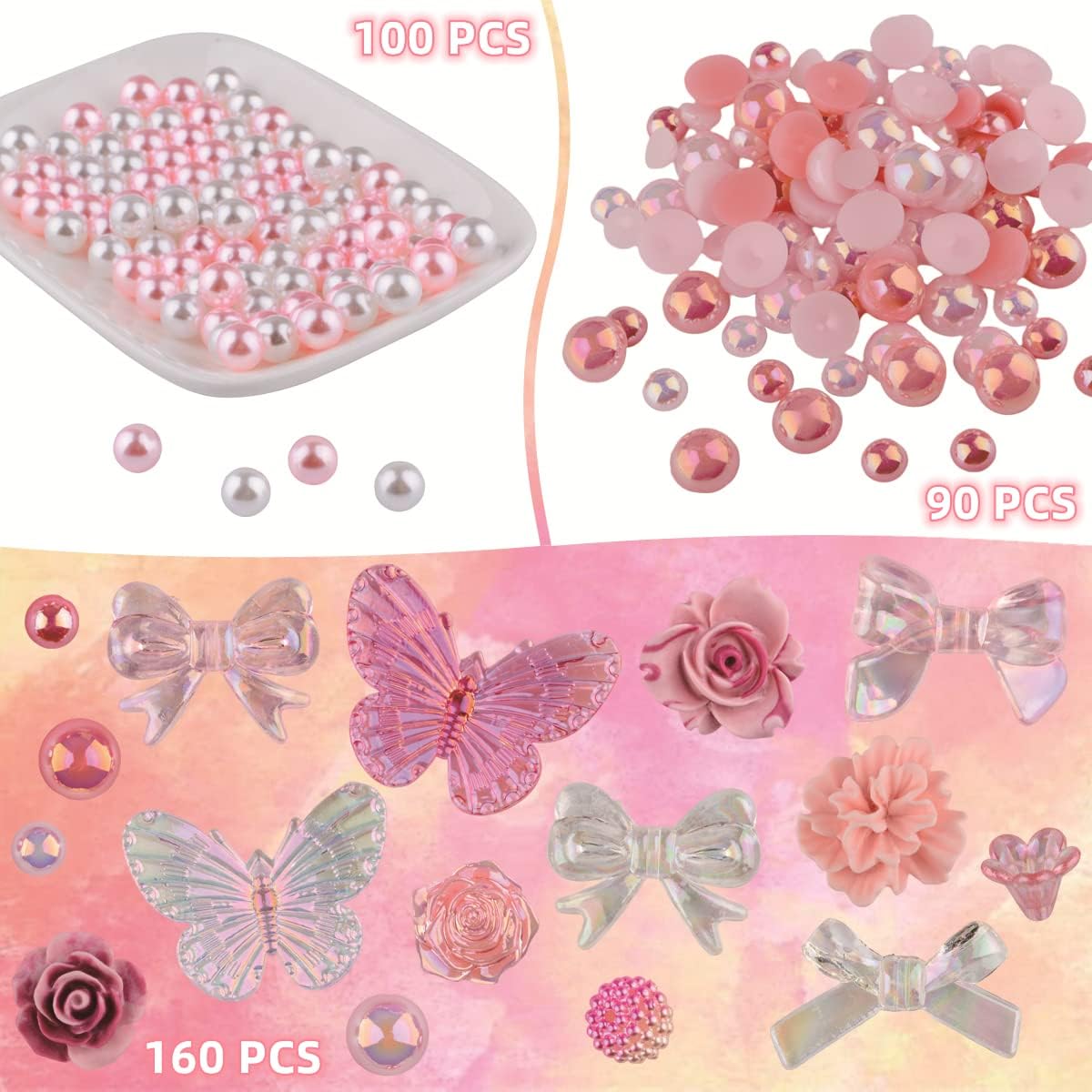350 Pieces 3D Resin ABS Colorful Rose Flower Bows Butterfly Charms with Flatback Half Round Pearl Beads for Bracelet Earring Necklace Craft DIY Making Supplies