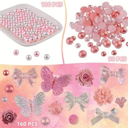 350 Pieces 3D Resin ABS Colorful Rose Flower Bows Butterfly Charms with Flatback Half Round Pearl Beads for Bracelet Earring Necklace Craft DIY Making Supplies