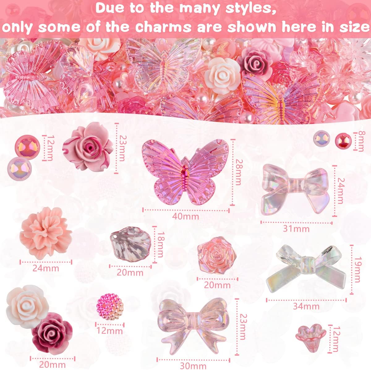 350 Pieces 3D Resin ABS Colorful Rose Flower Bows Butterfly Charms with Flatback Half Round Pearl Beads for Bracelet Earring Necklace Craft DIY Making Supplies