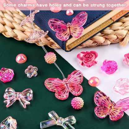 350 Pieces 3D Resin ABS Colorful Rose Flower Bows Butterfly Charms with Flatback Half Round Pearl Beads for Bracelet Earring Necklace Craft DIY Making Supplies