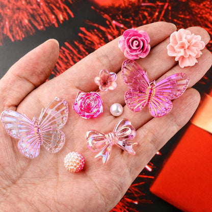 350 Pieces 3D Resin ABS Colorful Rose Flower Bows Butterfly Charms with Flatback Half Round Pearl Beads for Bracelet Earring Necklace Craft DIY Making Supplies