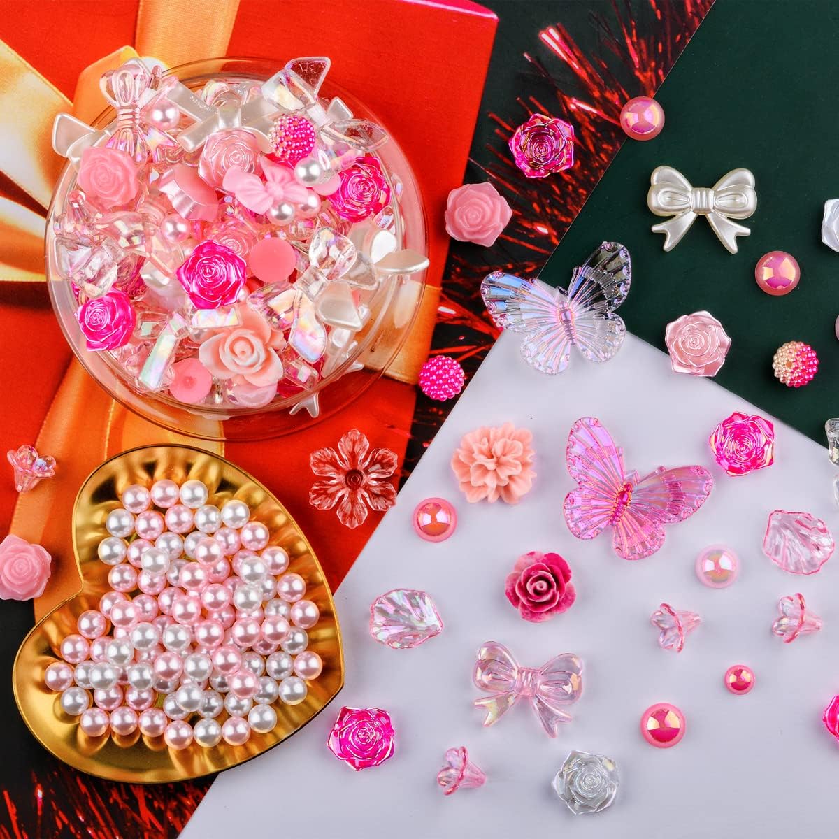 350 Pieces 3D Resin ABS Colorful Rose Flower Bows Butterfly Charms with Flatback Half Round Pearl Beads for Bracelet Earring Necklace Craft DIY Making Supplies