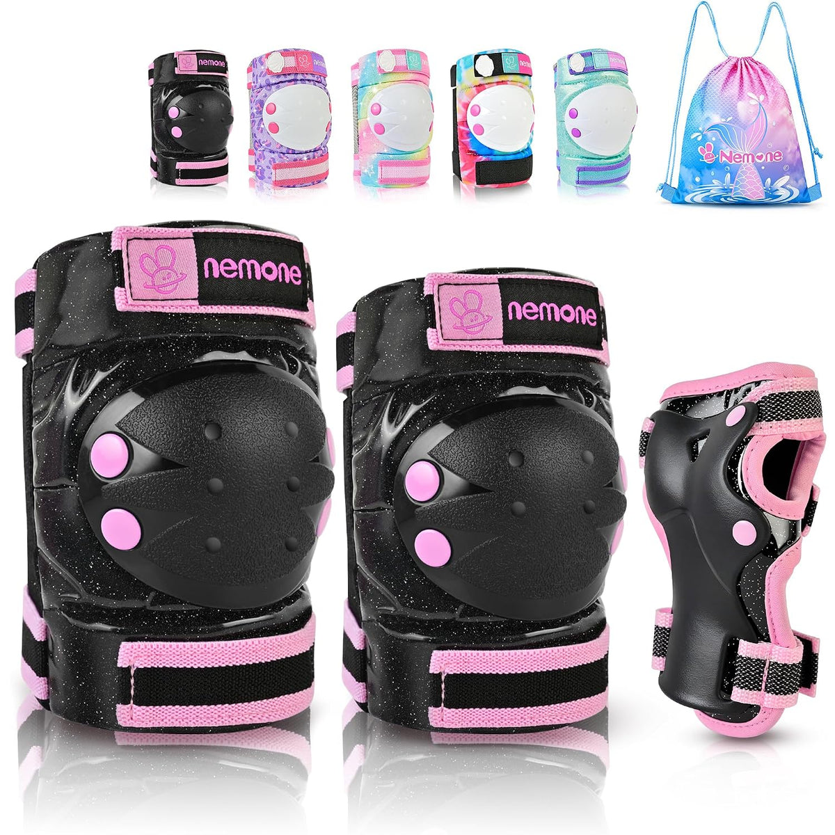 NEMONE Knee Pads for Kids, Girls Boys Knee Elbow Pads Wrist Guards with Drawstring Bag, Adjustable Reflective Protective Gear Set for Roller Skates Bike Cycling Skateboard Scooter - Black Pink M