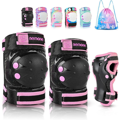 NEMONE Knee Pads for Kids, Girls Boys Knee Elbow Pads Wrist Guards with Drawstring Bag, Adjustable Reflective Protective Gear Set for Roller Skates Bike Cycling Skateboard Scooter - Black Pink M