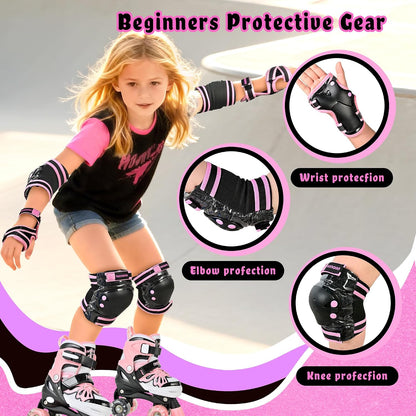 NEMONE Knee Pads for Kids, Girls Boys Knee Elbow Pads Wrist Guards with Drawstring Bag, Adjustable Reflective Protective Gear Set for Roller Skates Bike Cycling Skateboard Scooter - Black Pink M