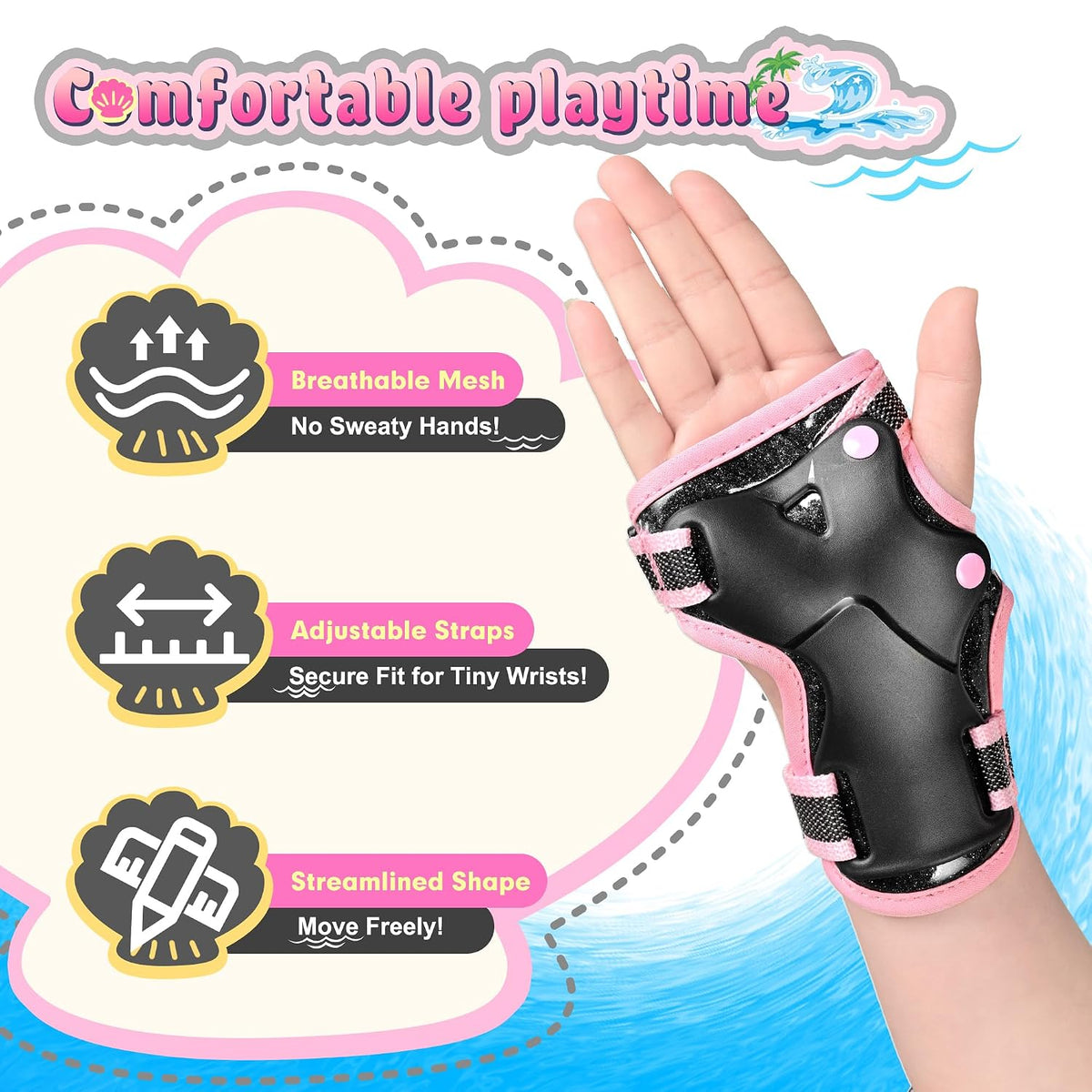 NEMONE Knee Pads for Kids, Girls Boys Knee Elbow Pads Wrist Guards with Drawstring Bag, Adjustable Reflective Protective Gear Set for Roller Skates Bike Cycling Skateboard Scooter - Black Pink M