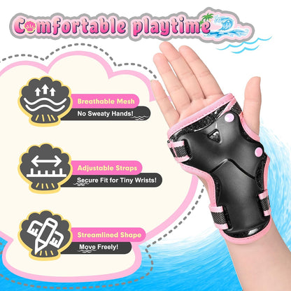 NEMONE Knee Pads for Kids, Girls Boys Knee Elbow Pads Wrist Guards with Drawstring Bag, Adjustable Reflective Protective Gear Set for Roller Skates Bike Cycling Skateboard Scooter - Black Pink M