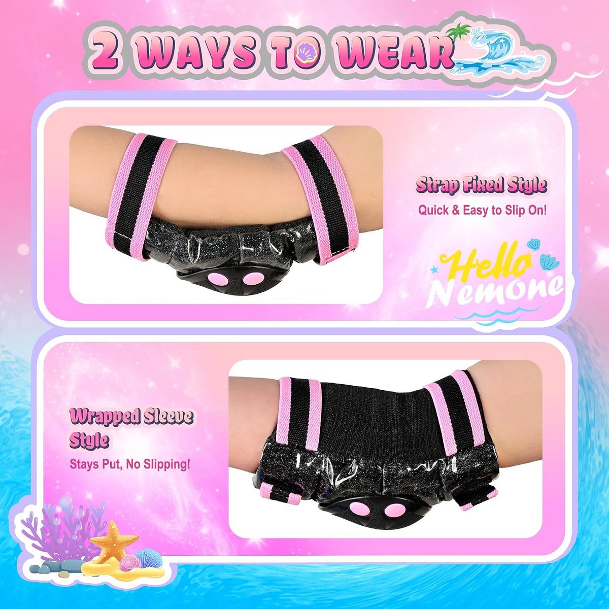 NEMONE Knee Pads for Kids, Girls Boys Knee Elbow Pads Wrist Guards with Drawstring Bag, Adjustable Reflective Protective Gear Set for Roller Skates Bike Cycling Skateboard Scooter - Black Pink M