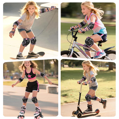 NEMONE Knee Pads for Kids, Girls Boys Knee Elbow Pads Wrist Guards with Drawstring Bag, Adjustable Reflective Protective Gear Set for Roller Skates Bike Cycling Skateboard Scooter - Black Pink M