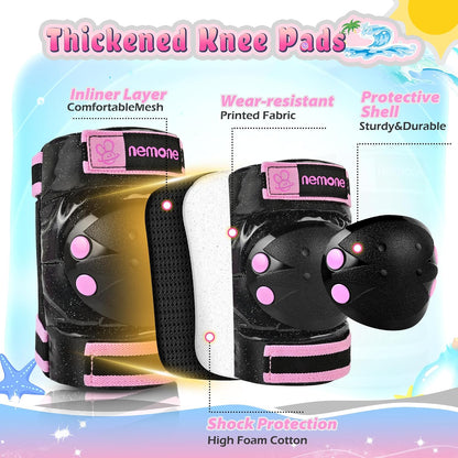NEMONE Knee Pads for Kids, Girls Boys Knee Elbow Pads Wrist Guards with Drawstring Bag, Adjustable Reflective Protective Gear Set for Roller Skates Bike Cycling Skateboard Scooter - Black Pink M