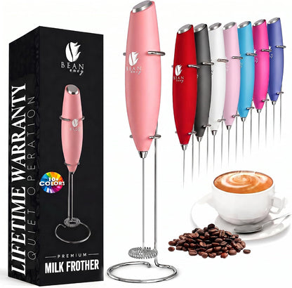 Milk Frother Handheld - Coffee Mixer Wand with Stand - Rose Pink