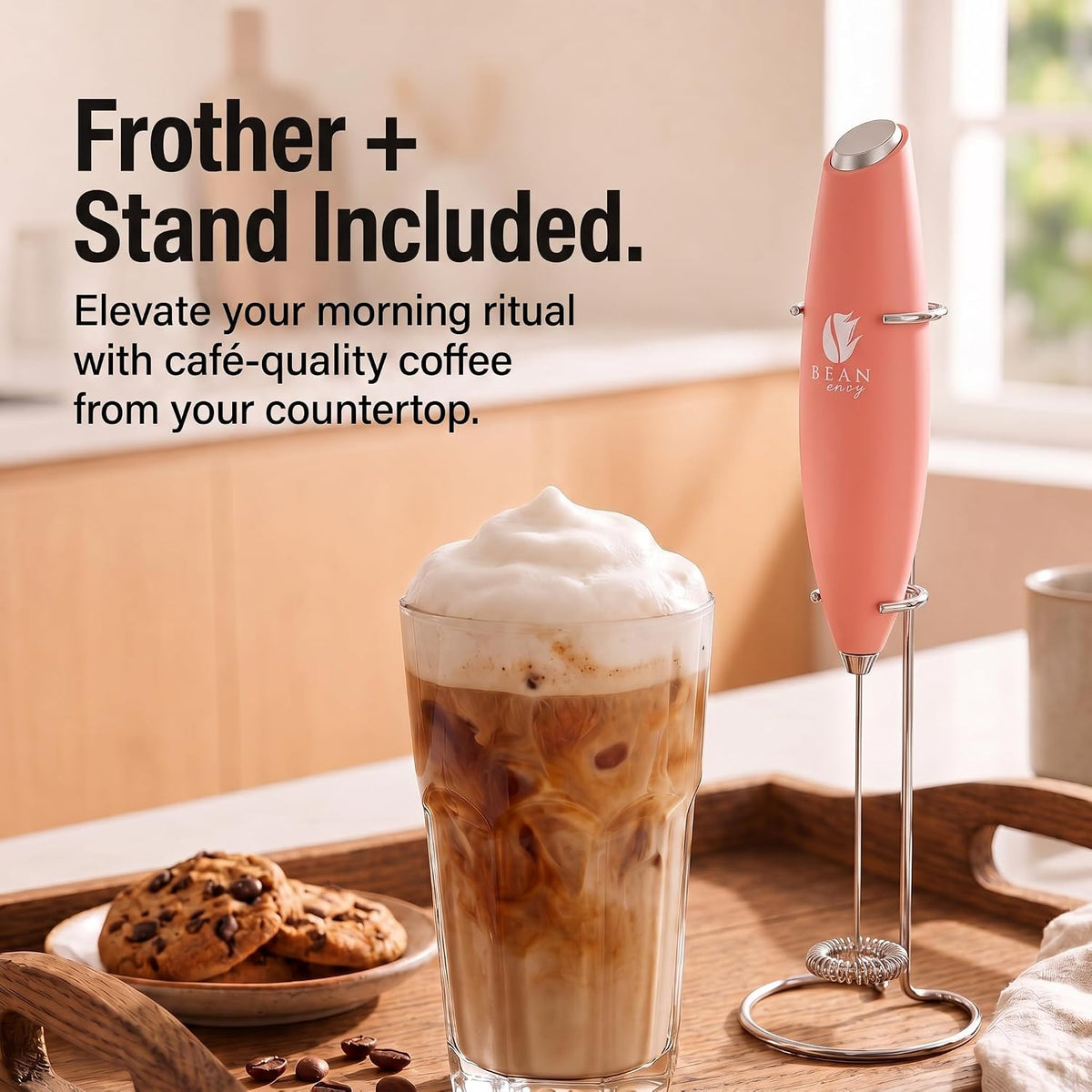 Milk Frother Handheld - Coffee Mixer Wand with Stand - Rose Pink