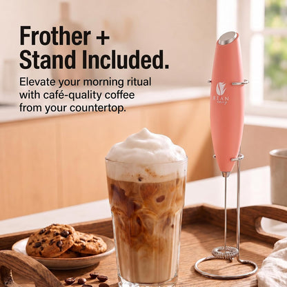 Milk Frother Handheld - Coffee Mixer Wand with Stand - Rose Pink