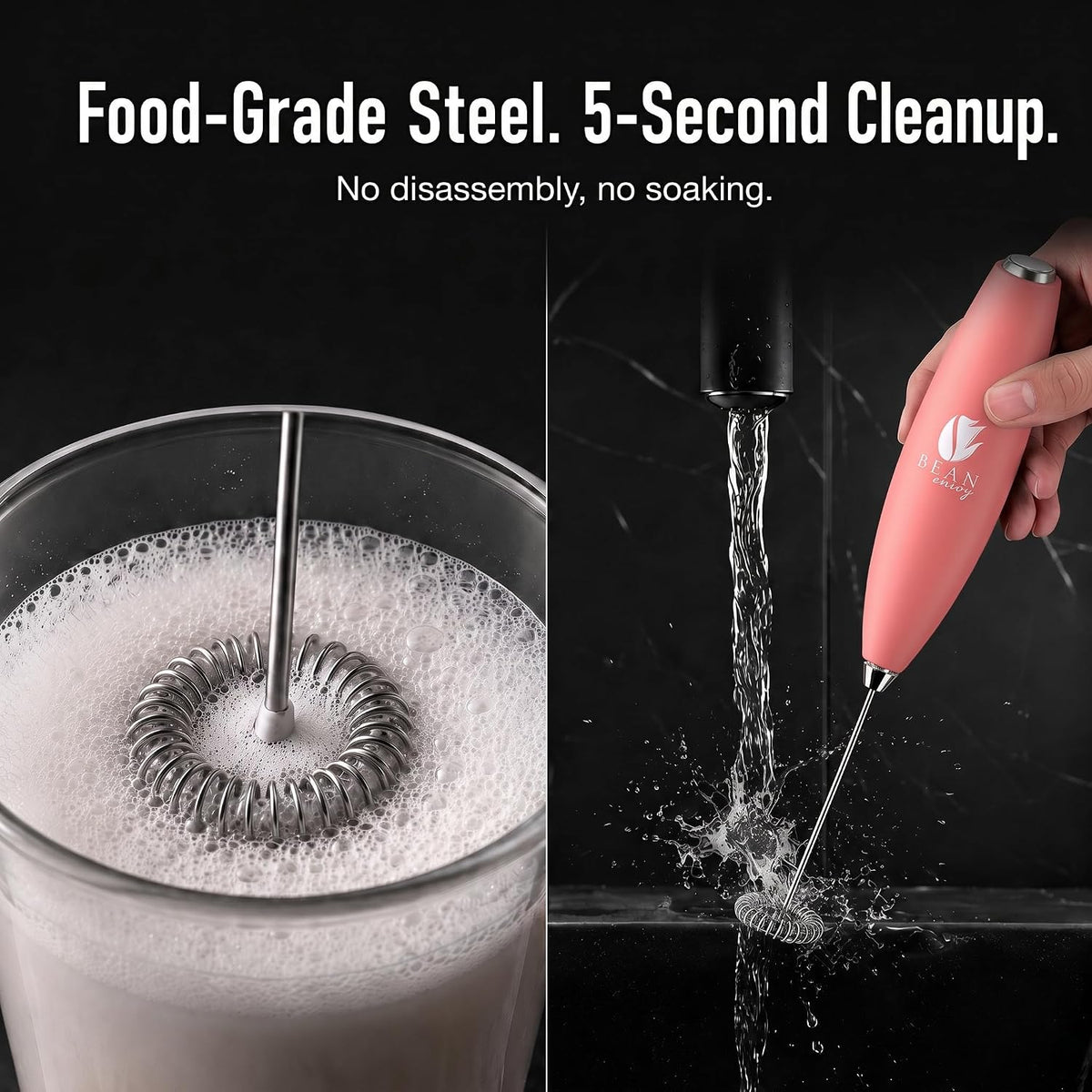 Milk Frother Handheld - Coffee Mixer Wand with Stand - Rose Pink