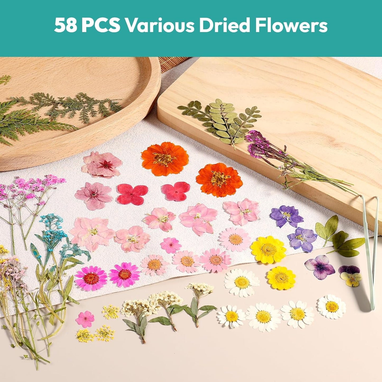 Dried Flowers, 58Pcs Pressed Flowers for Craft Pink Real Natural Dried Flowers Dry Leaves Kit for DIY Making Crafts Resin Soap Candle Scrapbook Supplies Card Making Jewelry