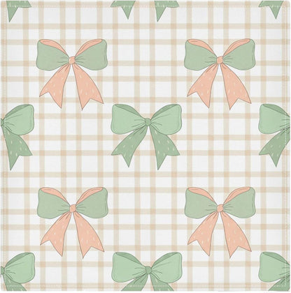 Cloth Napkins Set of 4 Green Peach Bows on Checkered Dinner Napkins 20x20 in, Washable & Reusable Fabric Table Napkin for Dining Parties Holiday, Eco-Friendly