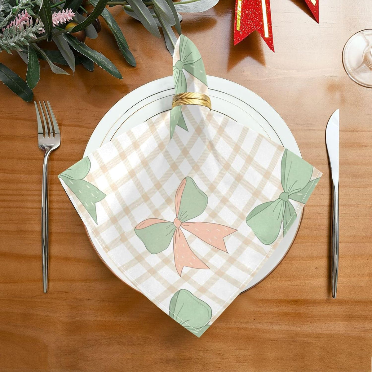 Cloth Napkins Set of 4 Green Peach Bows on Checkered Dinner Napkins 20x20 in, Washable & Reusable Fabric Table Napkin for Dining Parties Holiday, Eco-Friendly