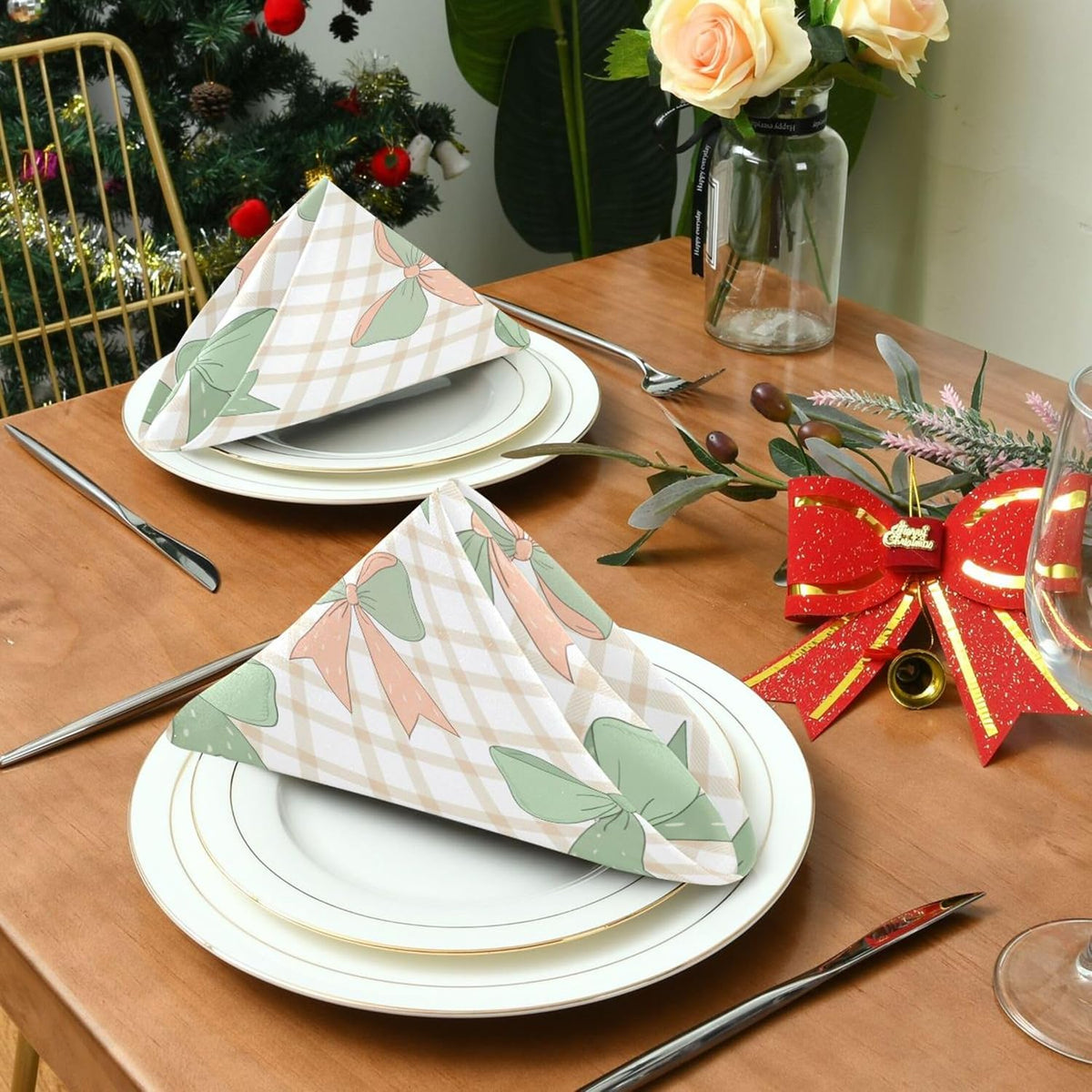 Cloth Napkins Set of 4 Green Peach Bows on Checkered Dinner Napkins 20x20 in, Washable & Reusable Fabric Table Napkin for Dining Parties Holiday, Eco-Friendly