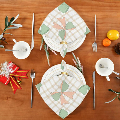 Cloth Napkins Set of 4 Green Peach Bows on Checkered Dinner Napkins 20x20 in, Washable & Reusable Fabric Table Napkin for Dining Parties Holiday, Eco-Friendly