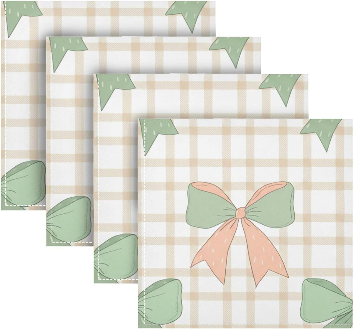Cloth Napkins Set of 4 Green Peach Bows on Checkered Dinner Napkins 20x20 in, Washable & Reusable Fabric Table Napkin for Dining Parties Holiday, Eco-Friendly