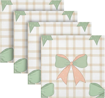 Cloth Napkins Set of 4 Green Peach Bows on Checkered Dinner Napkins 20x20 in, Washable & Reusable Fabric Table Napkin for Dining Parties Holiday, Eco-Friendly