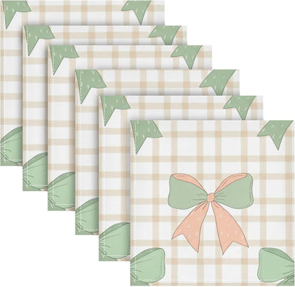 Cloth Napkins Set of 4 Green Peach Bows on Checkered Dinner Napkins 20x20 in, Washable & Reusable Fabric Table Napkin for Dining Parties Holiday, Eco-Friendly