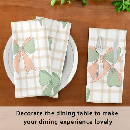 Cloth Napkins Set of 4 Green Peach Bows on Checkered Dinner Napkins 20x20 in, Washable & Reusable Fabric Table Napkin for Dining Parties Holiday, Eco-Friendly