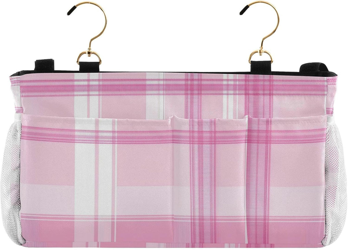 Pink Checkered Plaid and Bow Bedside Caddy Bedside Organizer Bedside Storage Caddy College Dorm Bed Accessories