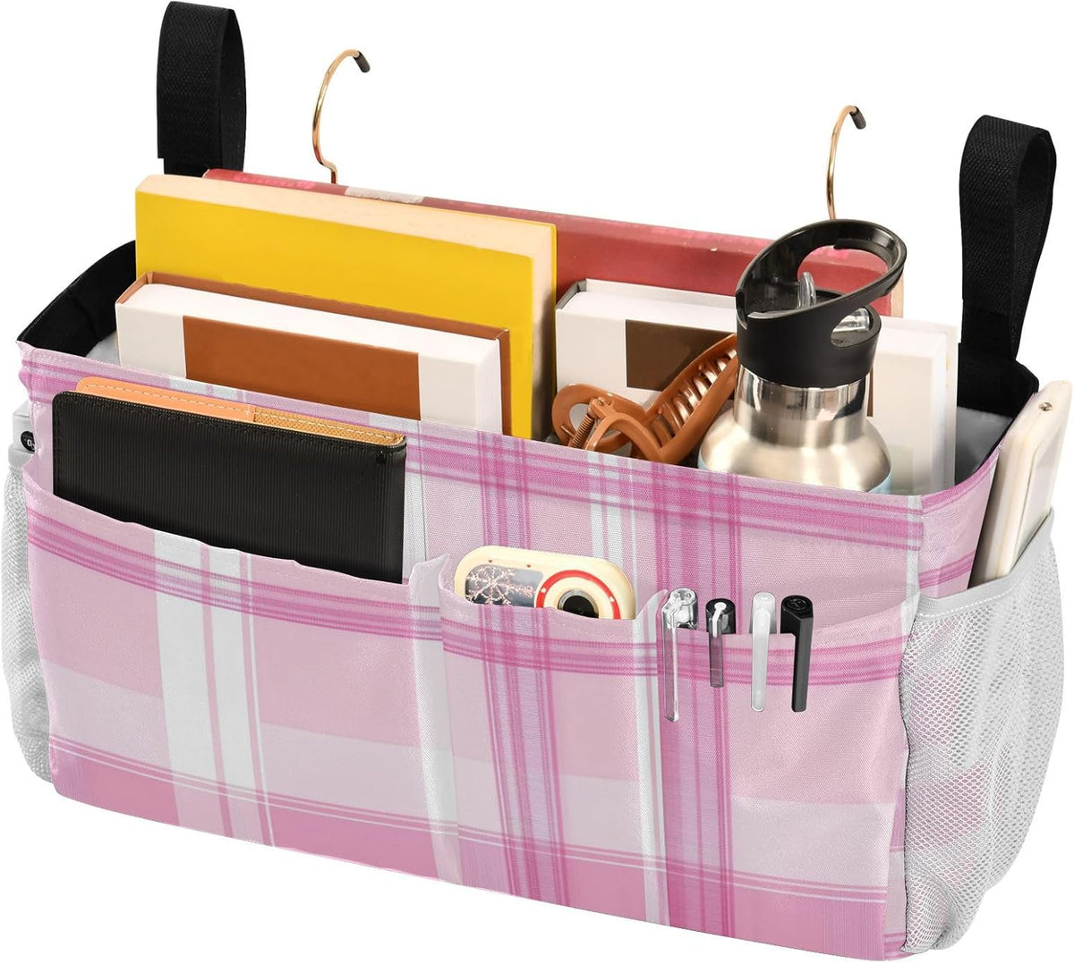 Pink Checkered Plaid and Bow Bedside Caddy Bedside Organizer Bedside Storage Caddy College Dorm Bed Accessories