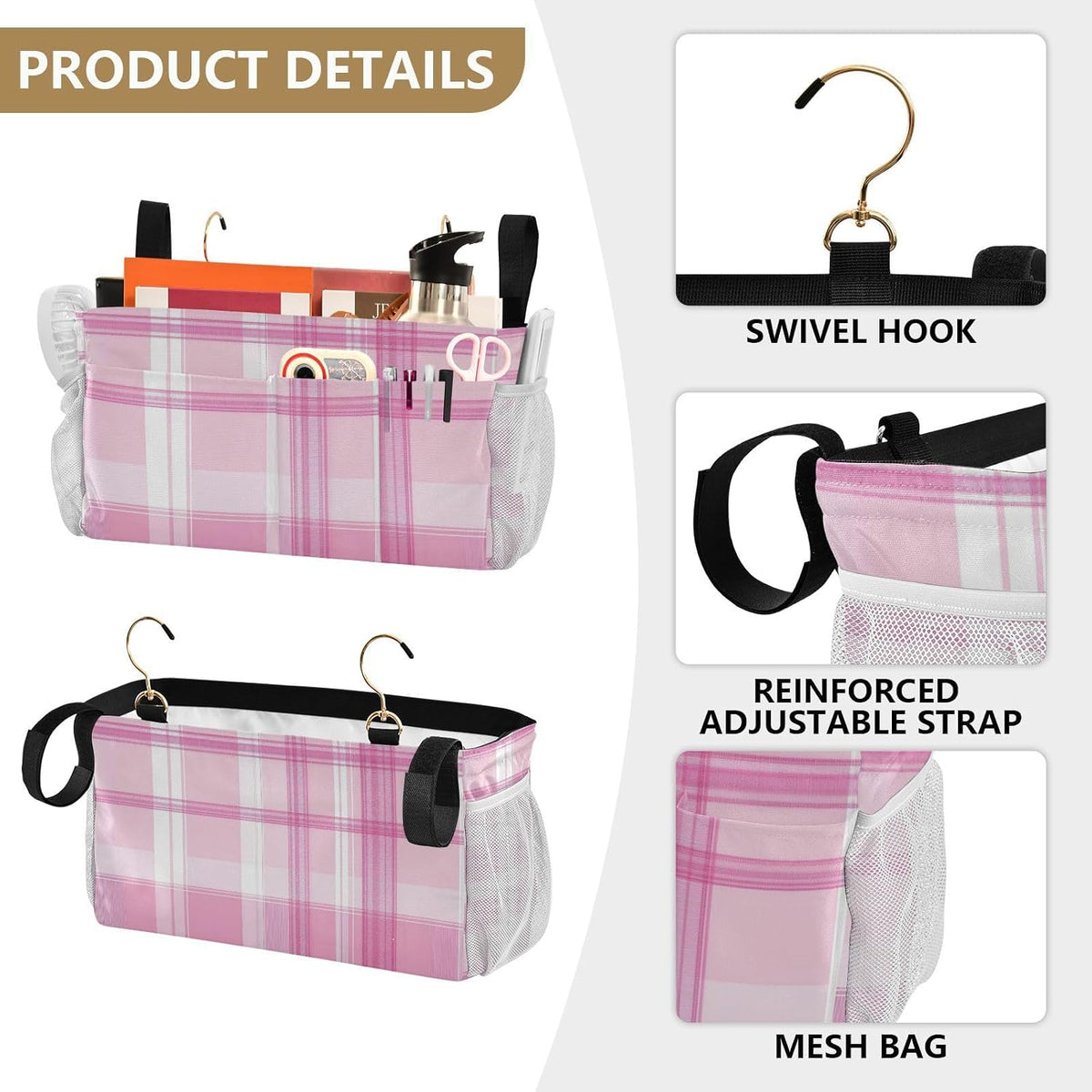 Pink Checkered Plaid and Bow Bedside Caddy Bedside Organizer Bedside Storage Caddy College Dorm Bed Accessories