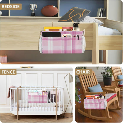 Pink Checkered Plaid and Bow Bedside Caddy Bedside Organizer Bedside Storage Caddy College Dorm Bed Accessories