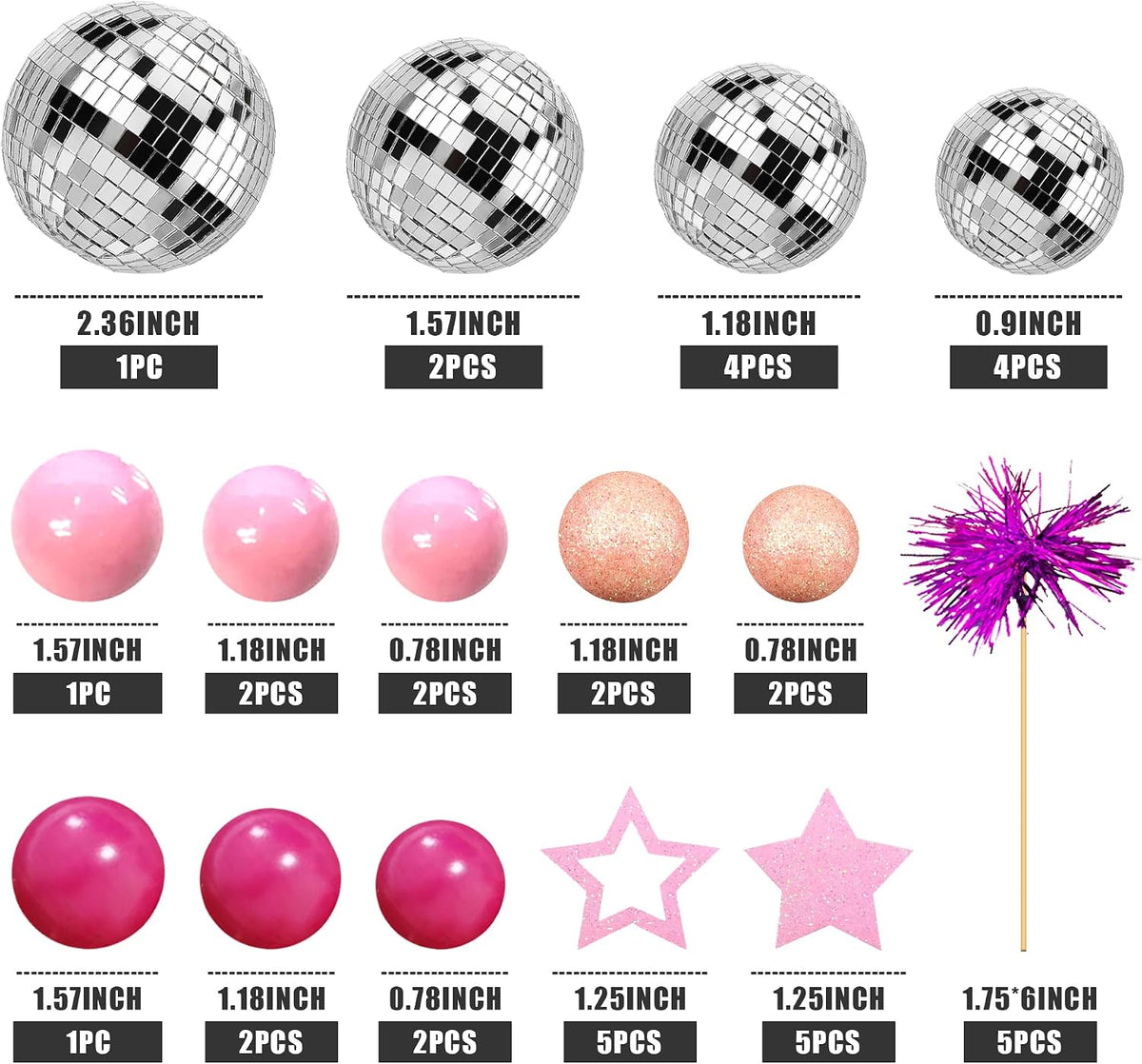 Pink Disco Ball Cake Topper Mirror Balls Cake Decorations with Pink Stars Cake Topper for 70s 80s Disco Dance Saturday Night Fever Birthday Supplies
