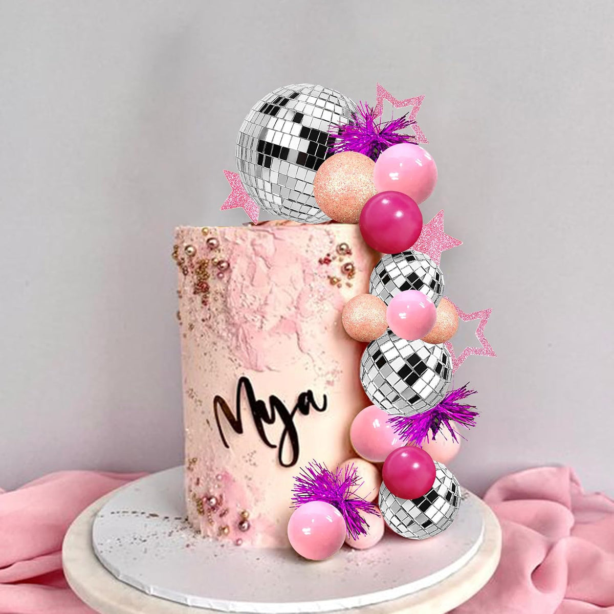 Pink Disco Ball Cake Topper Mirror Balls Cake Decorations with Pink Stars Cake Topper for 70s 80s Disco Dance Saturday Night Fever Birthday Supplies