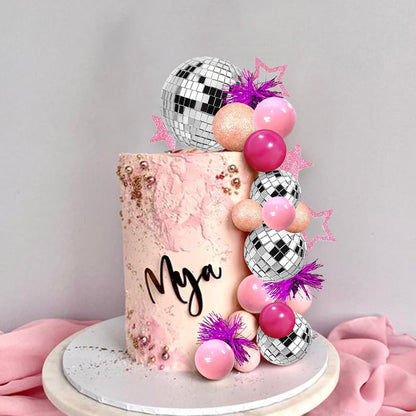 Pink Disco Ball Cake Topper Mirror Balls Cake Decorations with Pink Stars Cake Topper for 70s 80s Disco Dance Saturday Night Fever Birthday Supplies