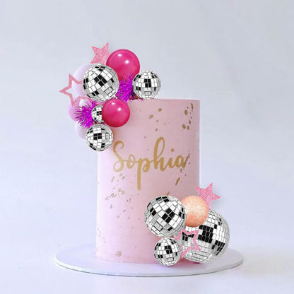 Pink Disco Ball Cake Topper Mirror Balls Cake Decorations with Pink Stars Cake Topper for 70s 80s Disco Dance Saturday Night Fever Birthday Supplies