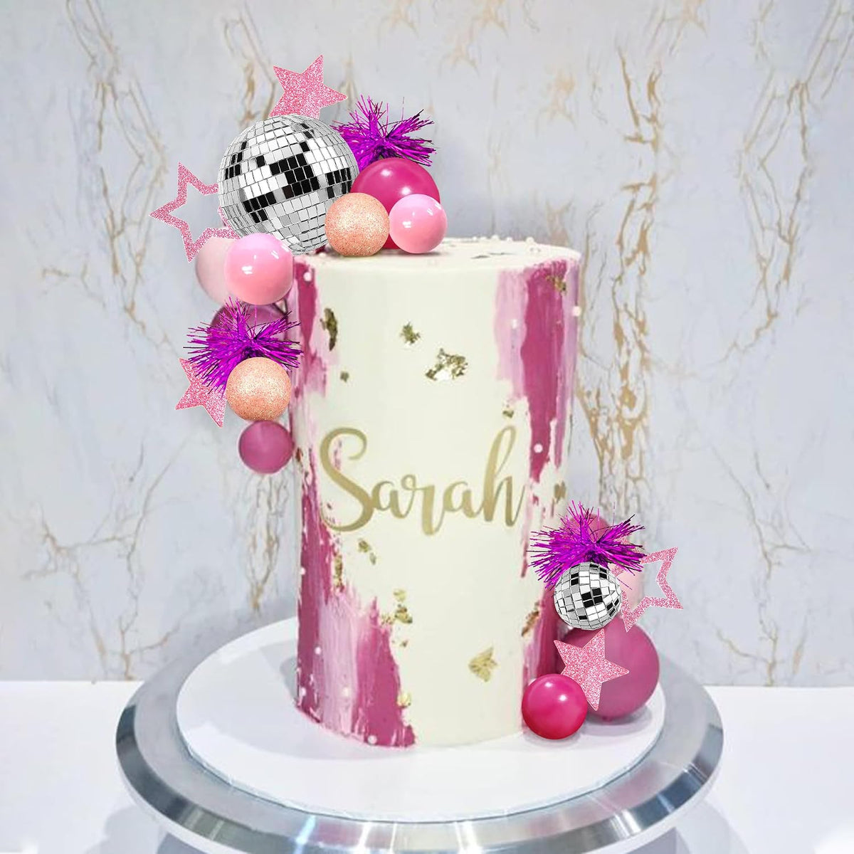 Pink Disco Ball Cake Topper Mirror Balls Cake Decorations with Pink Stars Cake Topper for 70s 80s Disco Dance Saturday Night Fever Birthday Supplies