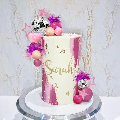 Pink Disco Ball Cake Topper Mirror Balls Cake Decorations with Pink Stars Cake Topper for 70s 80s Disco Dance Saturday Night Fever Birthday Supplies