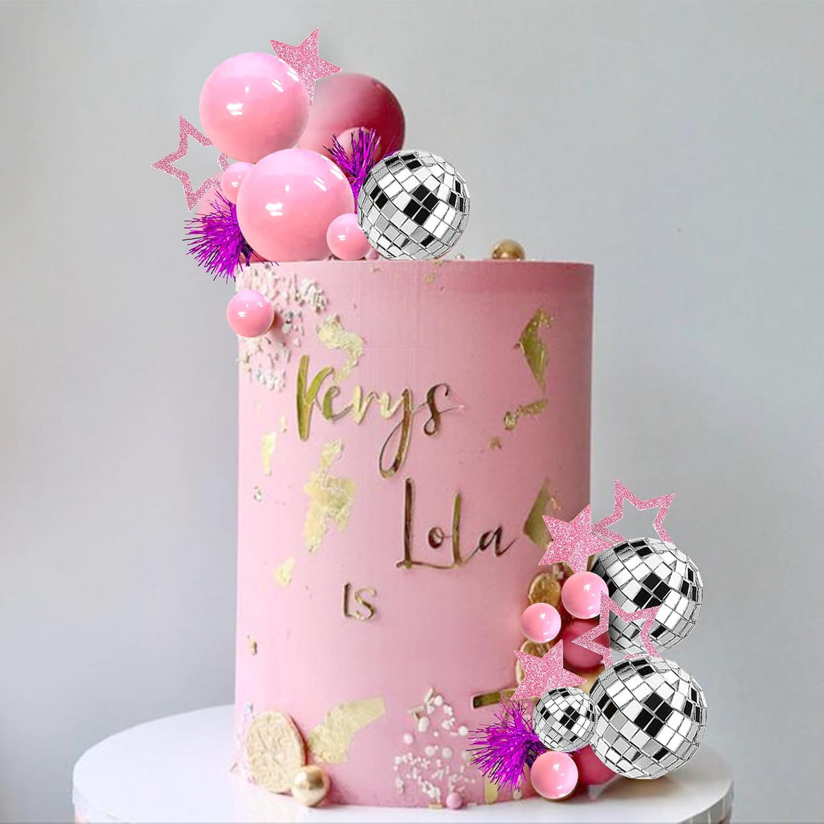 Pink Disco Ball Cake Topper Mirror Balls Cake Decorations with Pink Stars Cake Topper for 70s 80s Disco Dance Saturday Night Fever Birthday Supplies