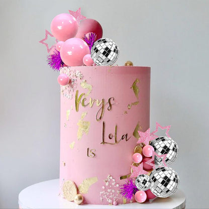Pink Disco Ball Cake Topper Mirror Balls Cake Decorations with Pink Stars Cake Topper for 70s 80s Disco Dance Saturday Night Fever Birthday Supplies