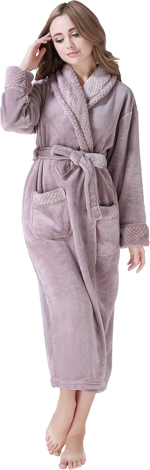 Women's Plush Fleece Bathrobe, Soft Warm Cozy Robe, Long Sleeve Bath Robe for Women, RH1591