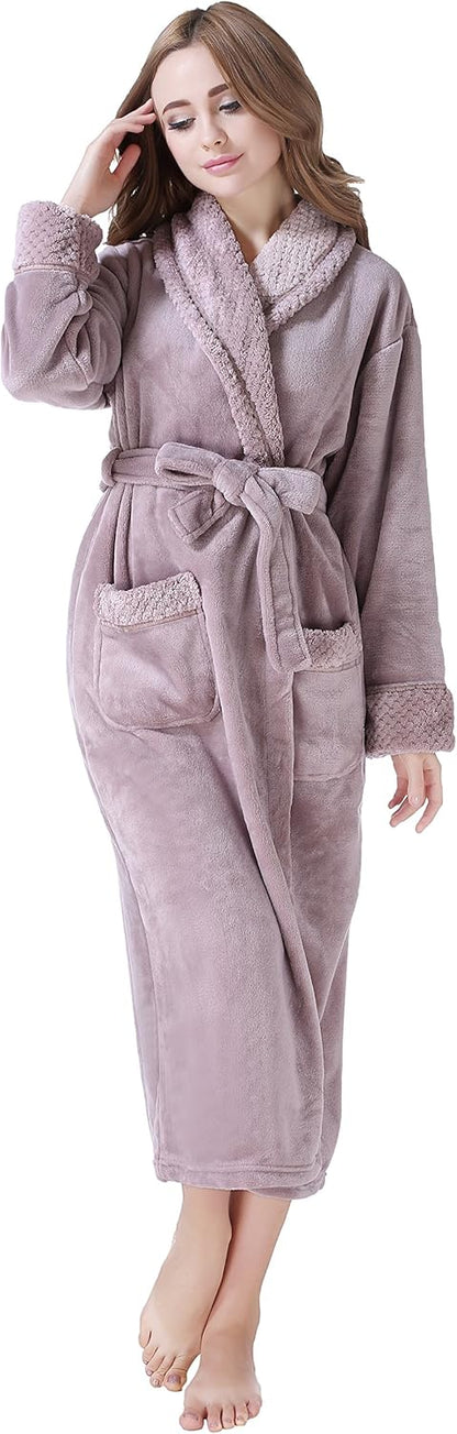 Women's Plush Fleece Bathrobe, Soft Warm Cozy Robe, Long Sleeve Bath Robe for Women, RH1591