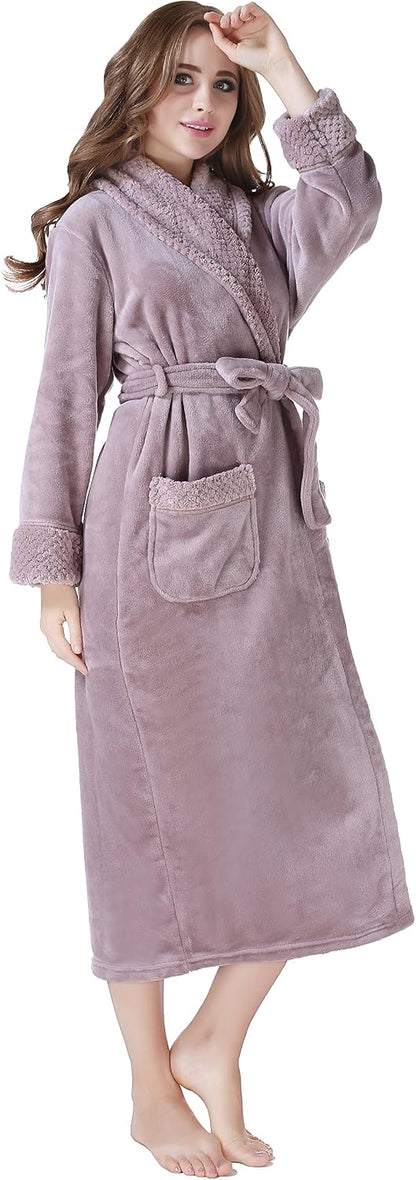 Women's Plush Fleece Bathrobe, Soft Warm Cozy Robe, Long Sleeve Bath Robe for Women, RH1591