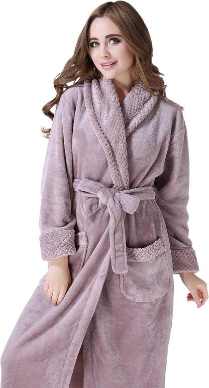 Women's Plush Fleece Bathrobe, Soft Warm Cozy Robe, Long Sleeve Bath Robe for Women, RH1591